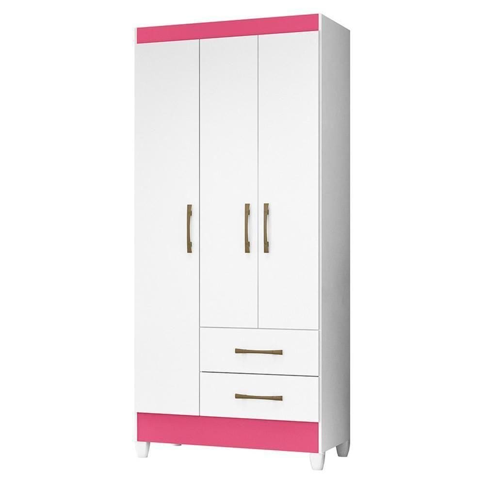 Guarda Roupa Solteiro Lima 3 Portas E 2 Gavetas Branco Rosa Moval Branco Rosa