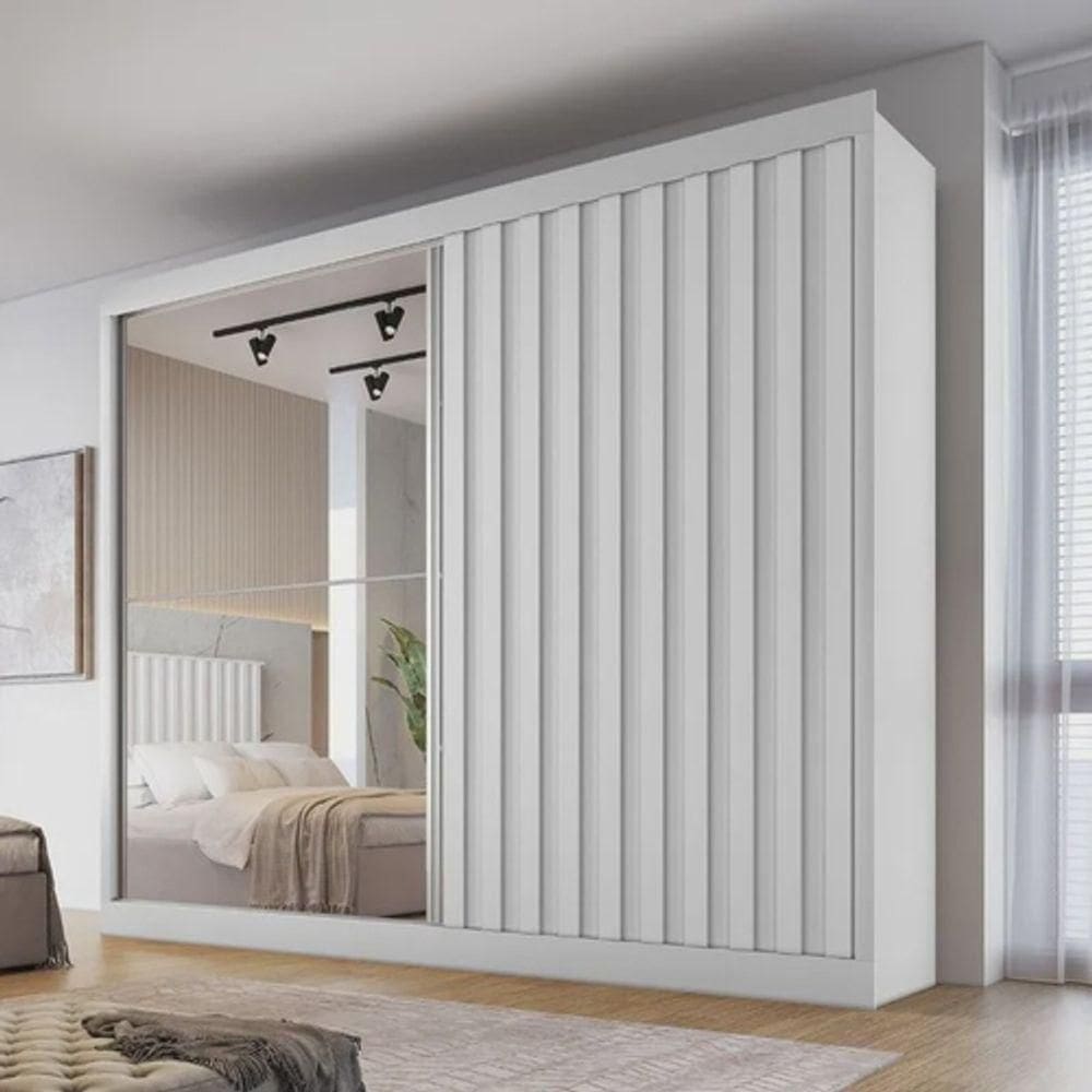 Guarda Roupa Ripado Com Espelho Atlanta-branco Acetinado Made Marcs