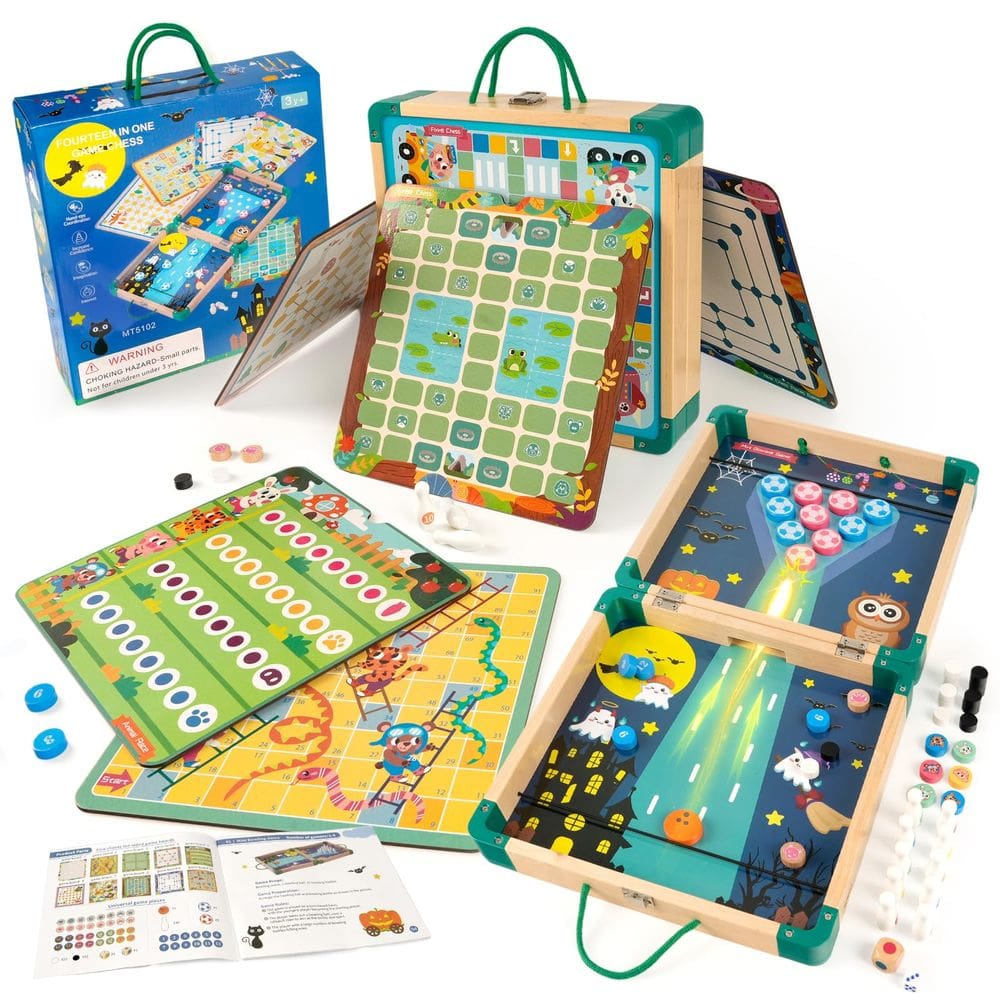 Conjunto de jogos de tabuleiro ARCTURINE 14 em 1 Wood com cobras e escadas