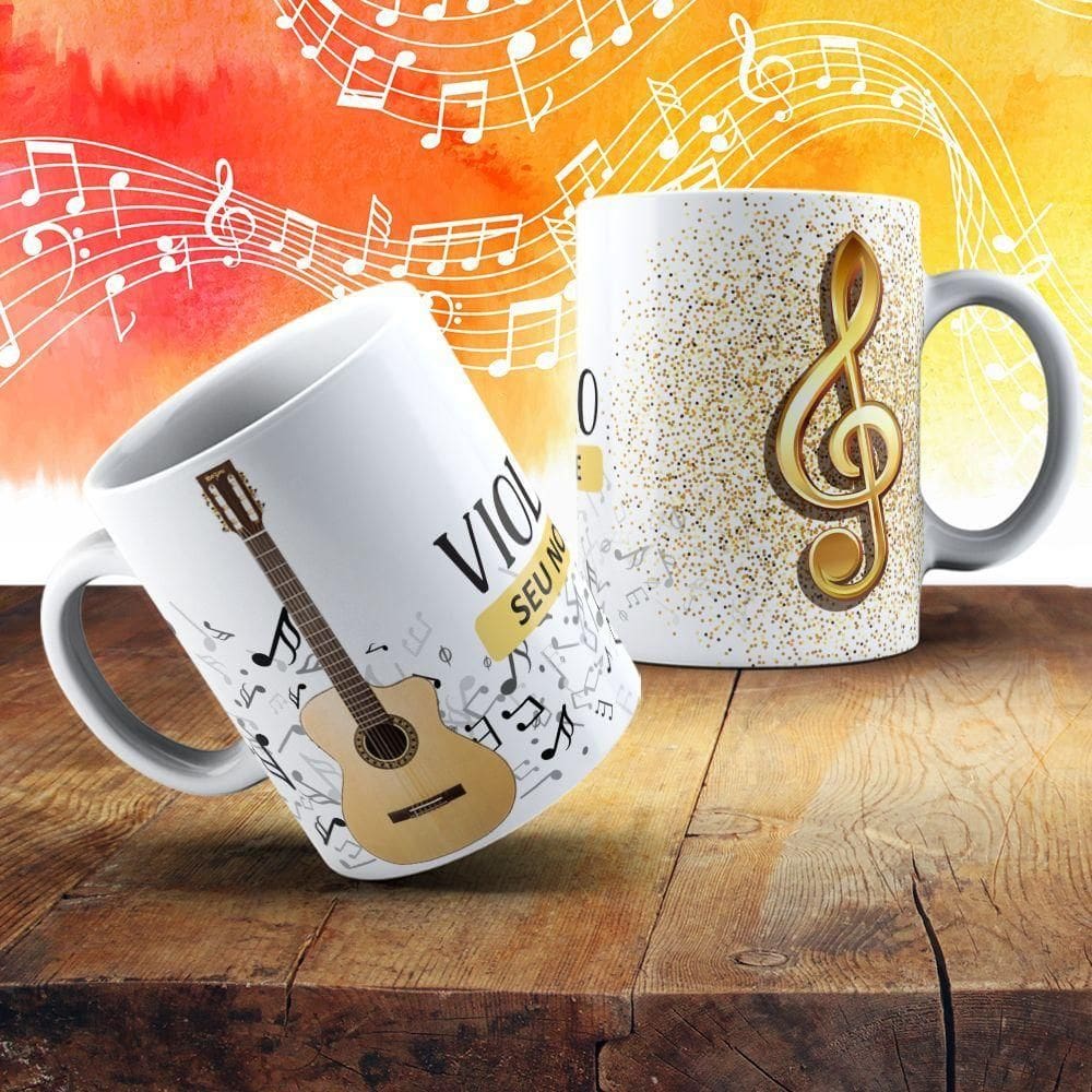 Caneca De Porcelana 325ml Com Estampa De Instrumentos Musicais Violão