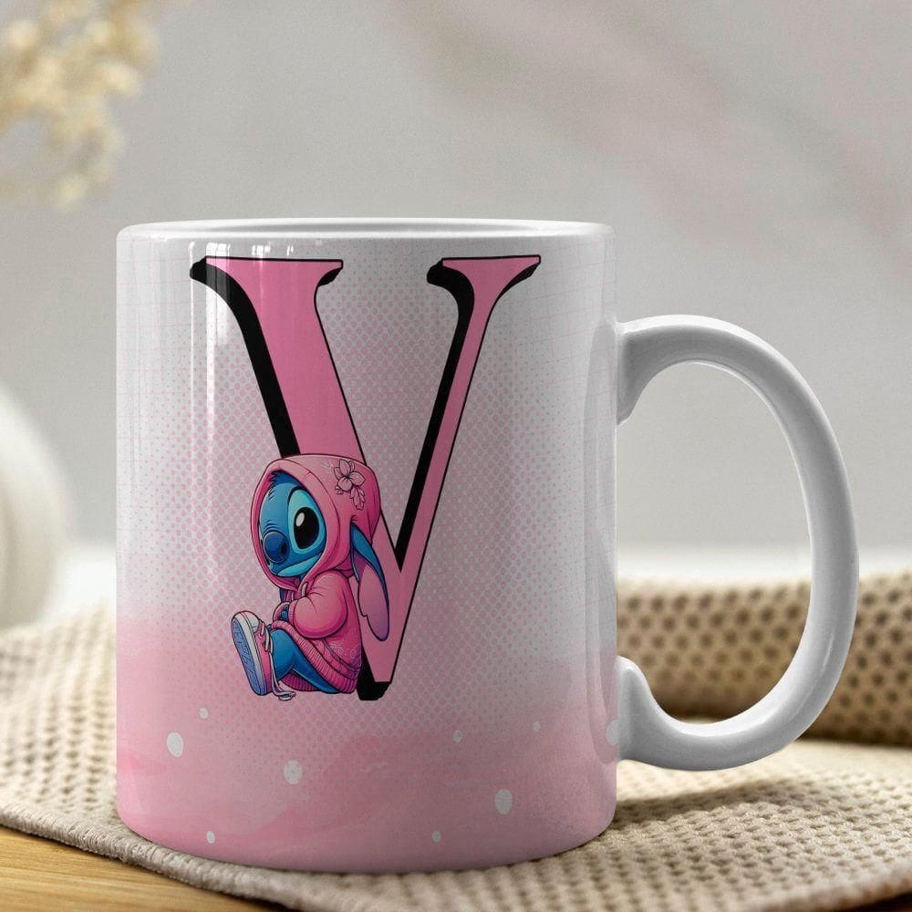 Caneca De Porcelana Stitch Letras A-z 325ml Rosa V