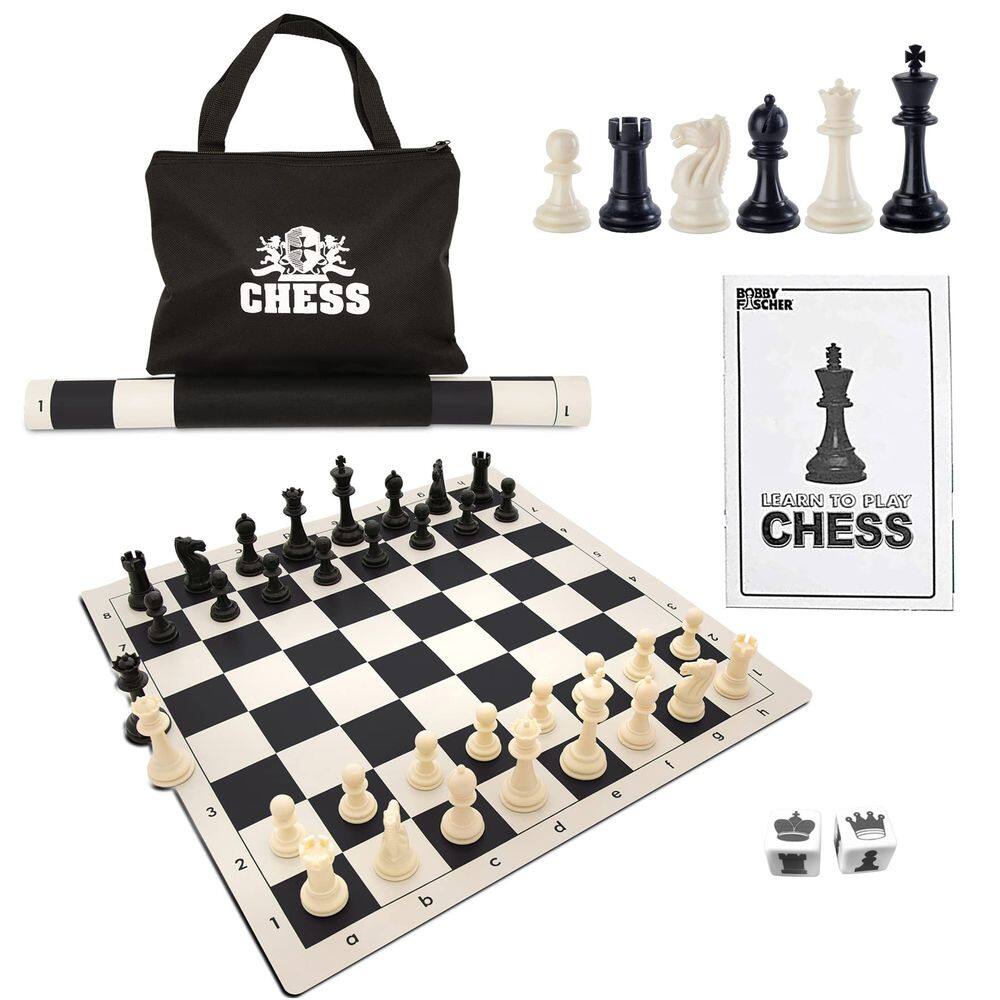 Conjunto de xadrez WE Games Tournament com tabuleiro de vinil enrolável de 34 peças