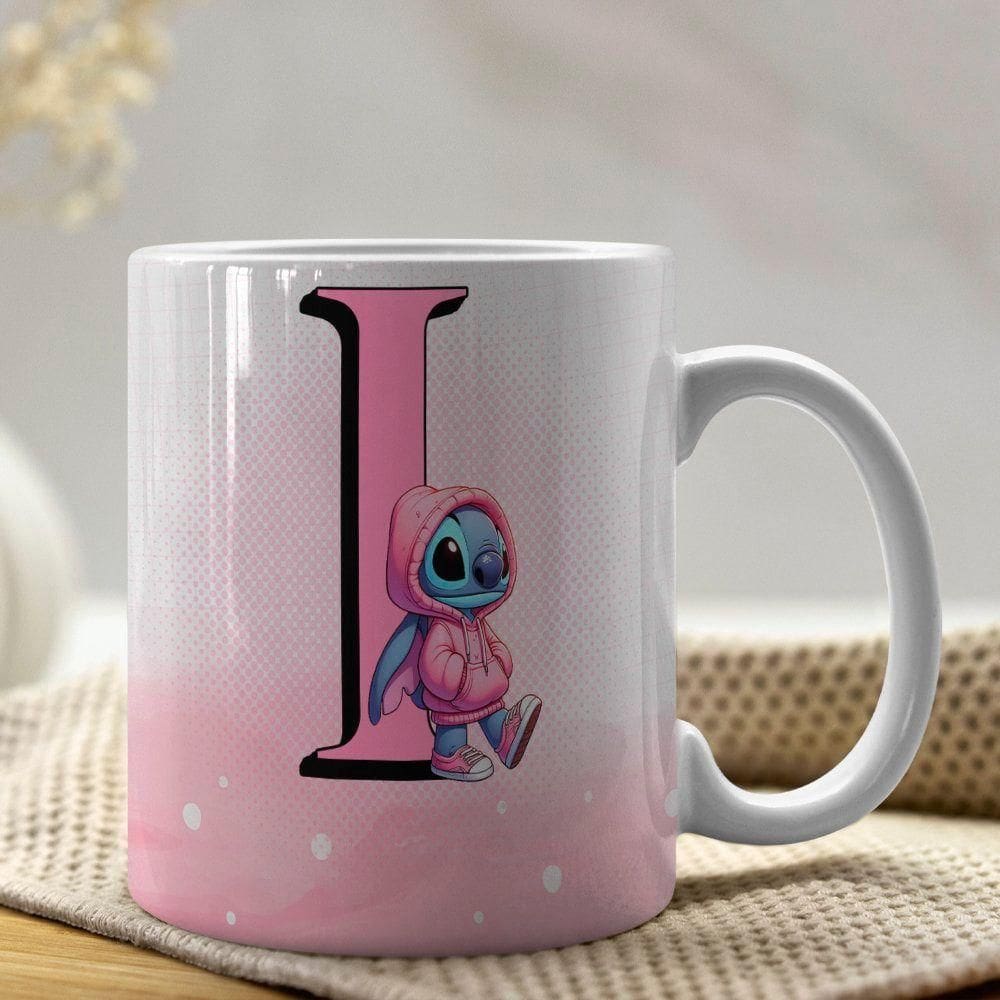 Caneca De Porcelana Stitch Letras A-z 325ml Rosa I