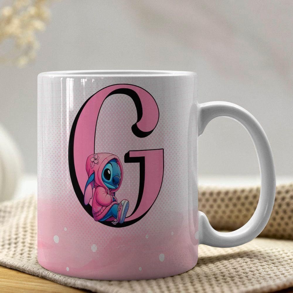 Caneca De Porcelana Stitch Letras A-z 325ml Rosa G