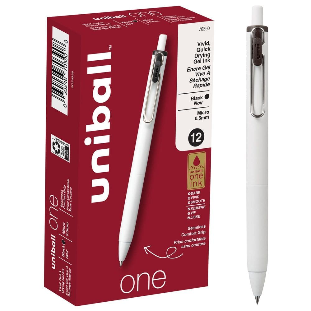 Caneta de gel Uni-Ball One de 0,5 mm Micro Black, pacote com 12