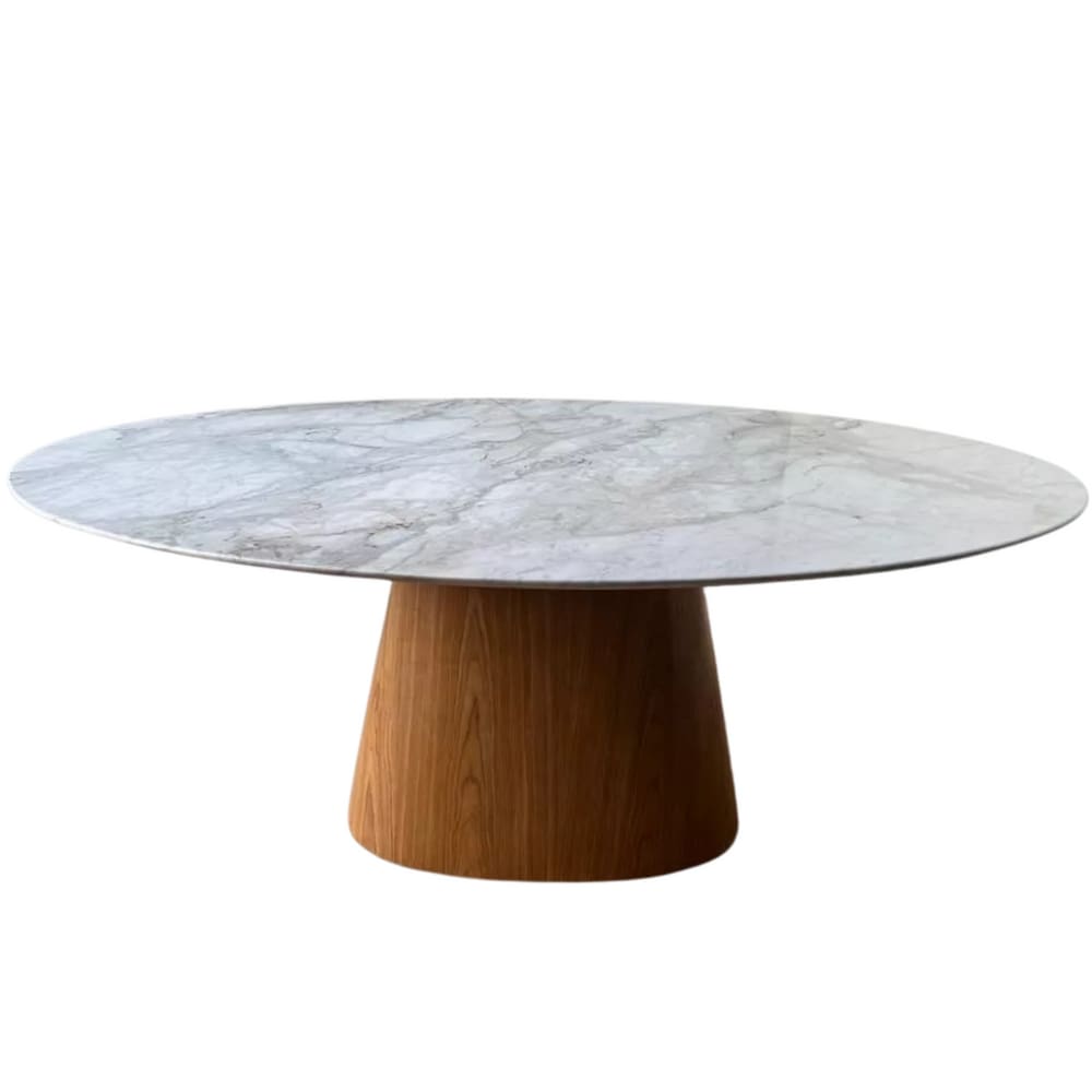 Mesa de Jantar Cone Oval 137x90 cm Mármore Branco Extra Base Freijó