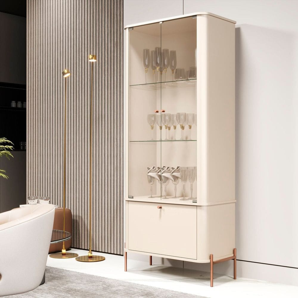 Cristaleira Tucupí Curva com Puxador e Pés em Metal Off White/Bronze