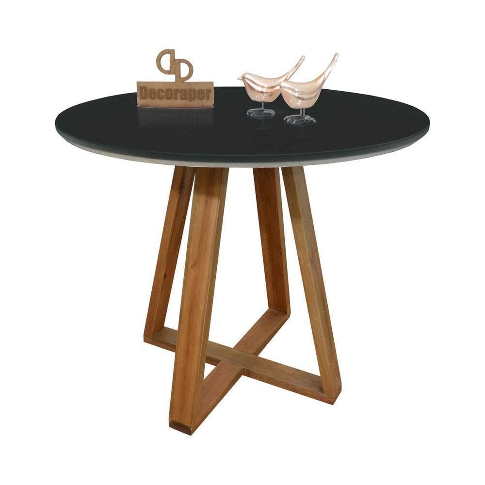 Mesa Jantar Base X Tampo Redondo Laca Com Vidro 80cm Preto