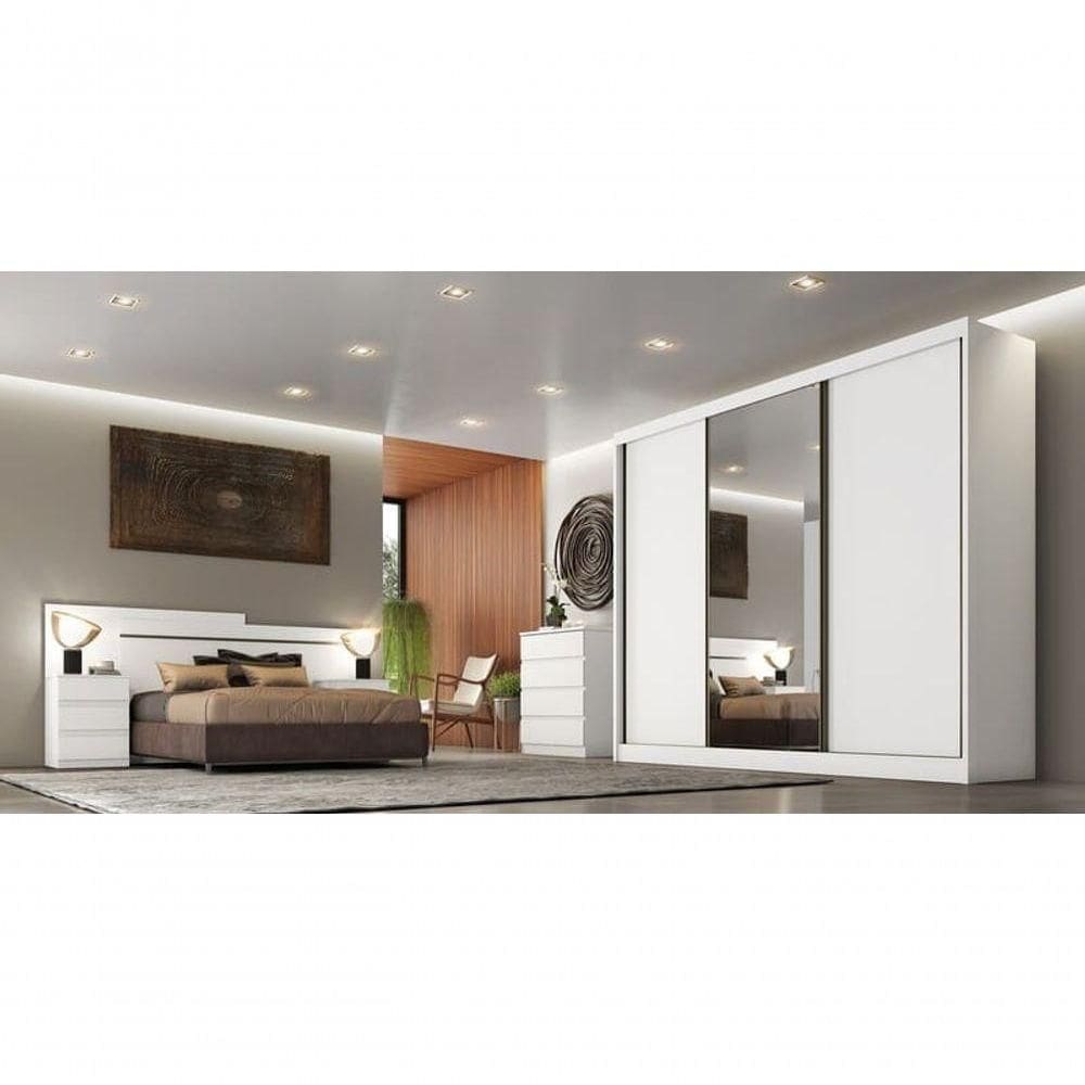 Guarda Roupa Casal Com Espelho 3 Portas 8 Gavetas Sollo-branco Móveis Novo Horizonte