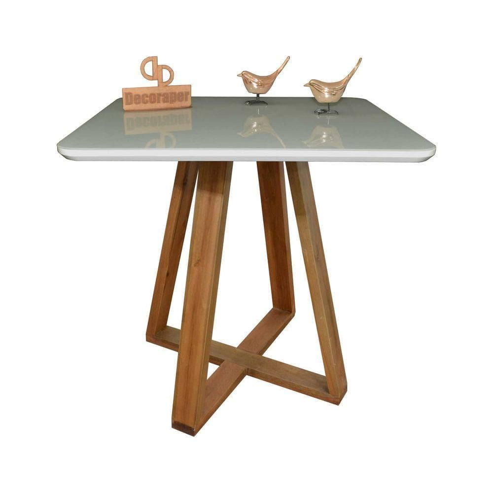 Mesa Jantar Base X Tampo Quadrado Laca Com Vidro 80cm Off White