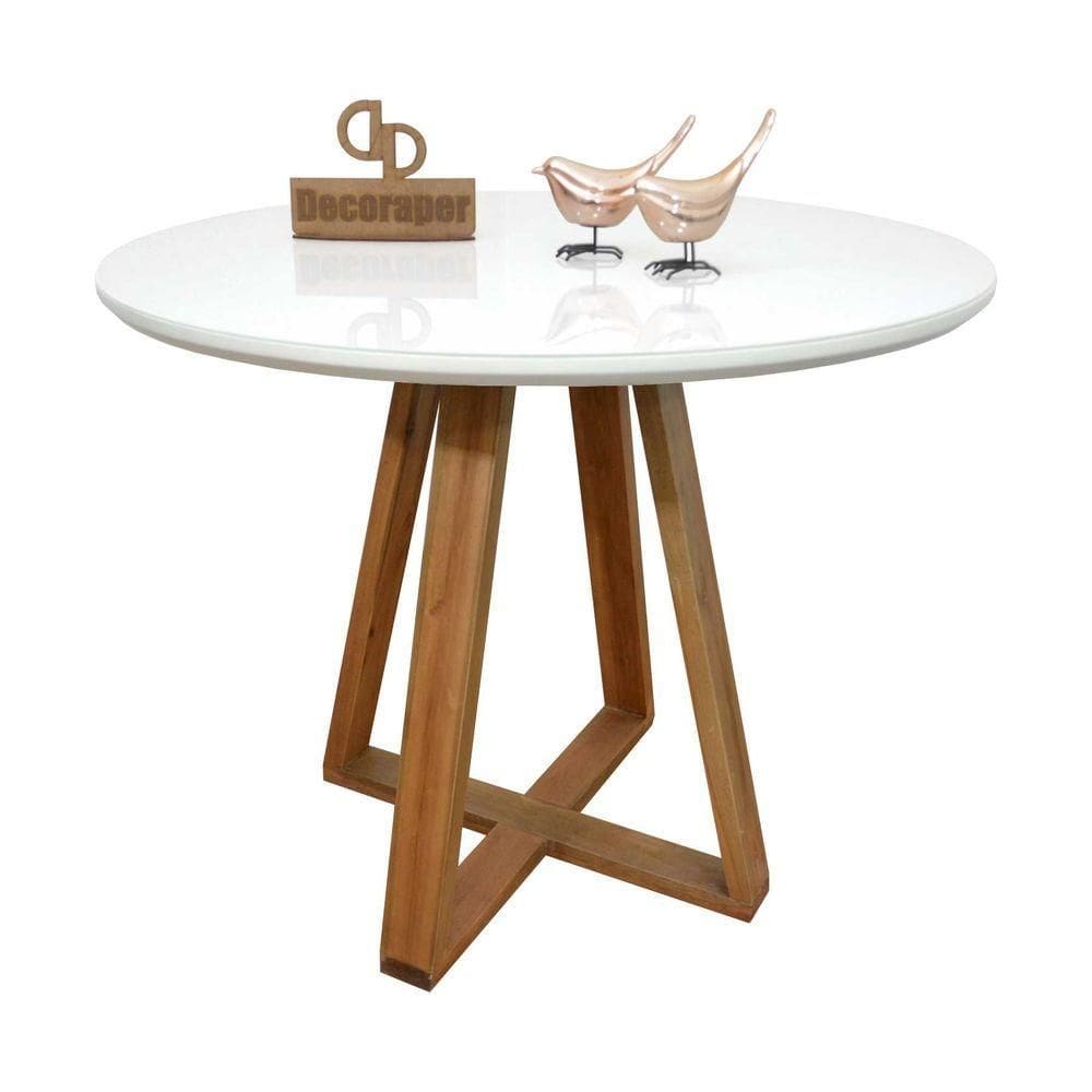Mesa Jantar Base X Tampo Redondo Laca Com Vidro 100cm Branco