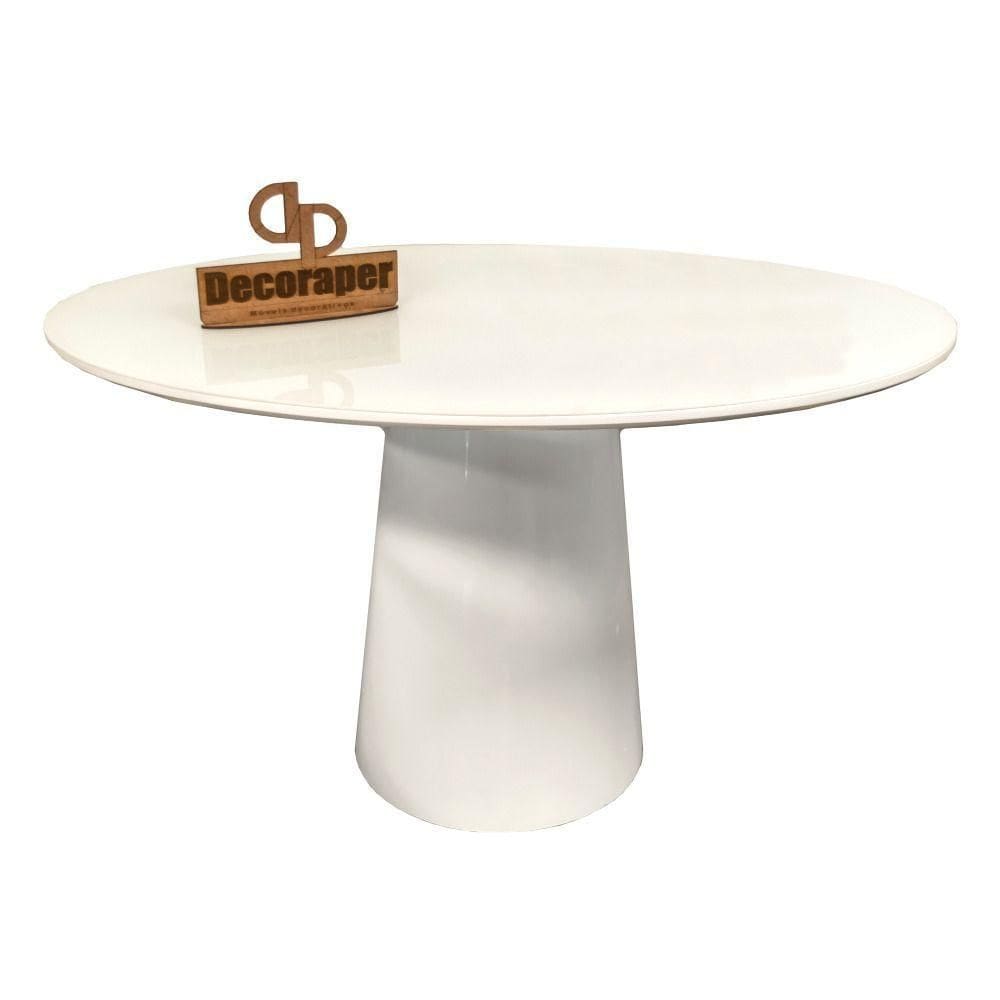 Mesa Jantar Cone Laqueado Tampo Redondo Laca Com Vidro 130cm Branco