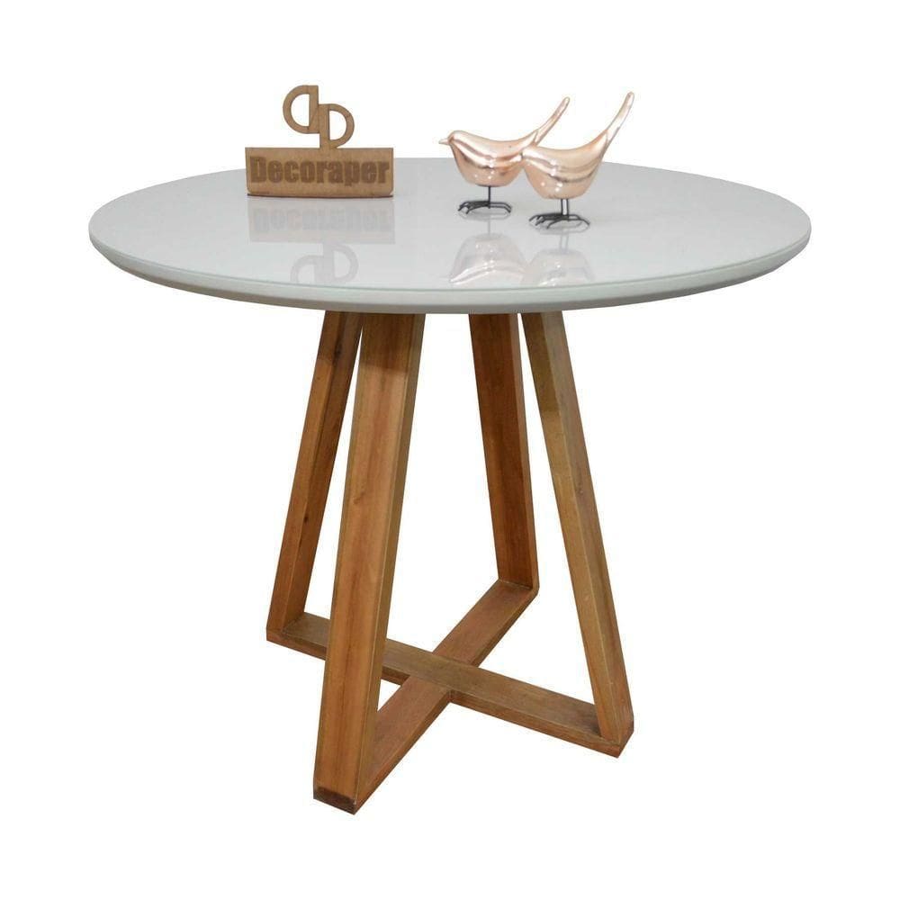 Mesa Jantar Base X Tampo Redondo Laca Com Vidro 90cm Off White