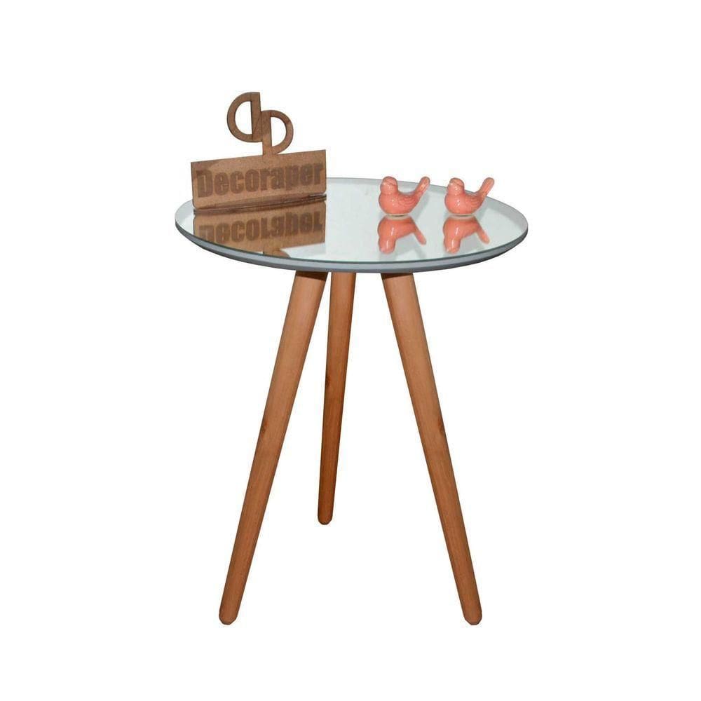 Mesa De Canto Pés Palito Amadeirado Com Espelho Vidro 50cm Off White 50cm