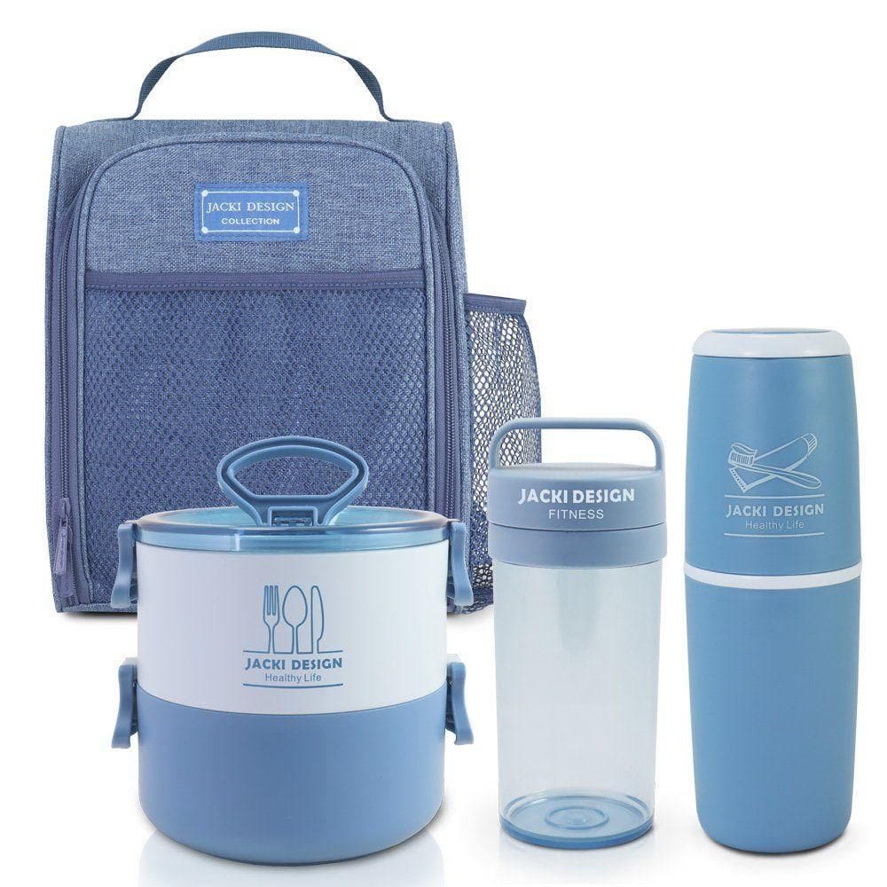 Conjunto Da Linha Joy Bolsa Térmica, Porta Escova E Pasta De Dente, Pote Marmita 2 Andares E Garrafa Azul