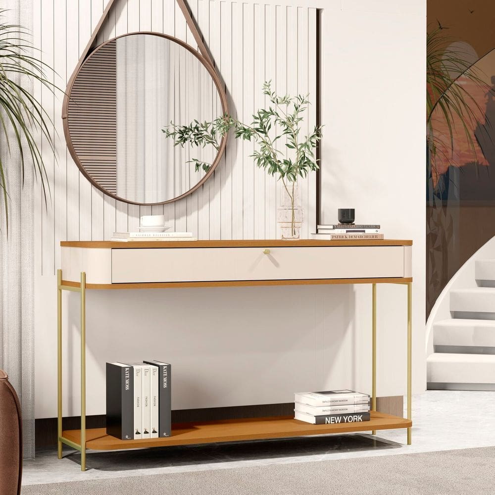 Aparador Curvo Tucupí 1 Gav com Pés e Puxador em Metal Off White/Marrom/Dourado