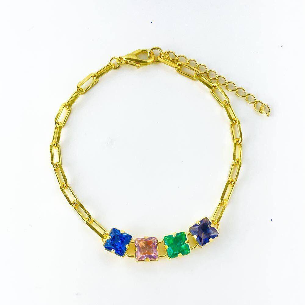 Pulseira Elos E Riviera Colorida Banhada A Ouro 18k