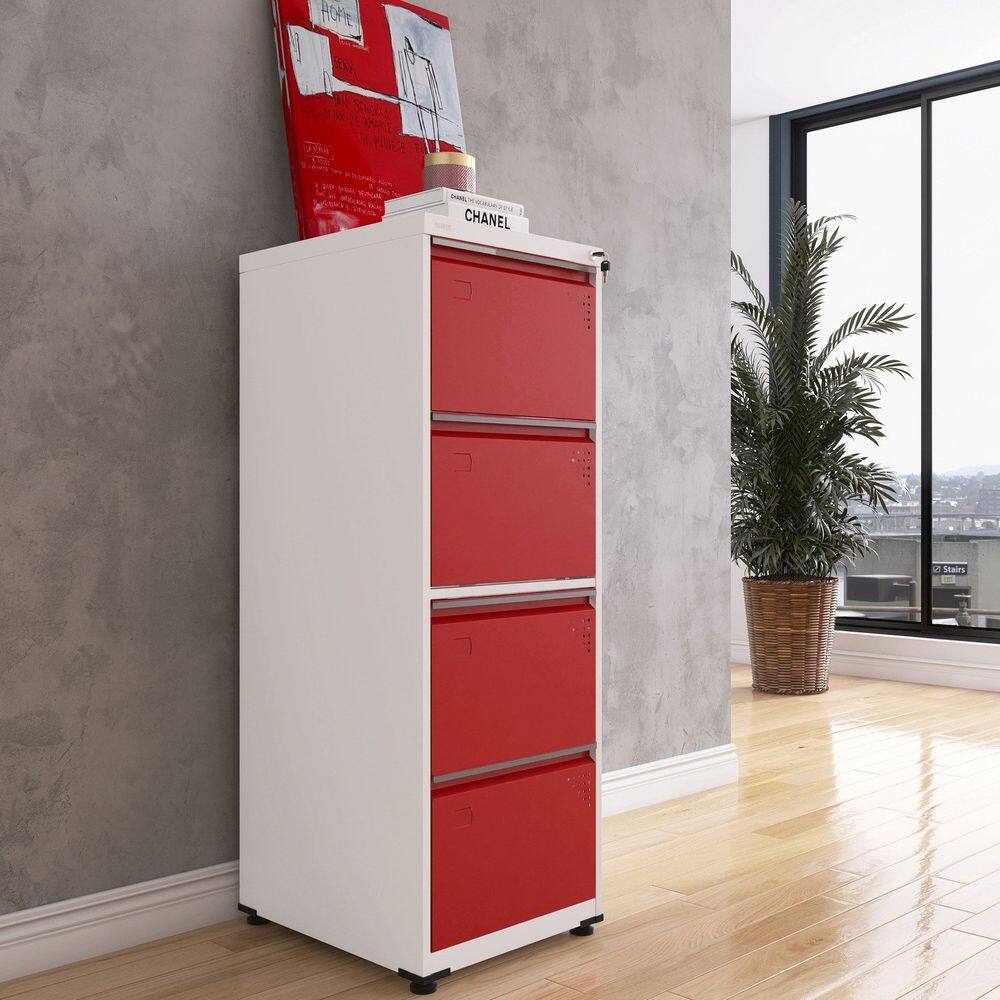 Gaveteiro Arquivo em Aço 4 Gavetas 136,2x47x57 cm Branco/Vermelho