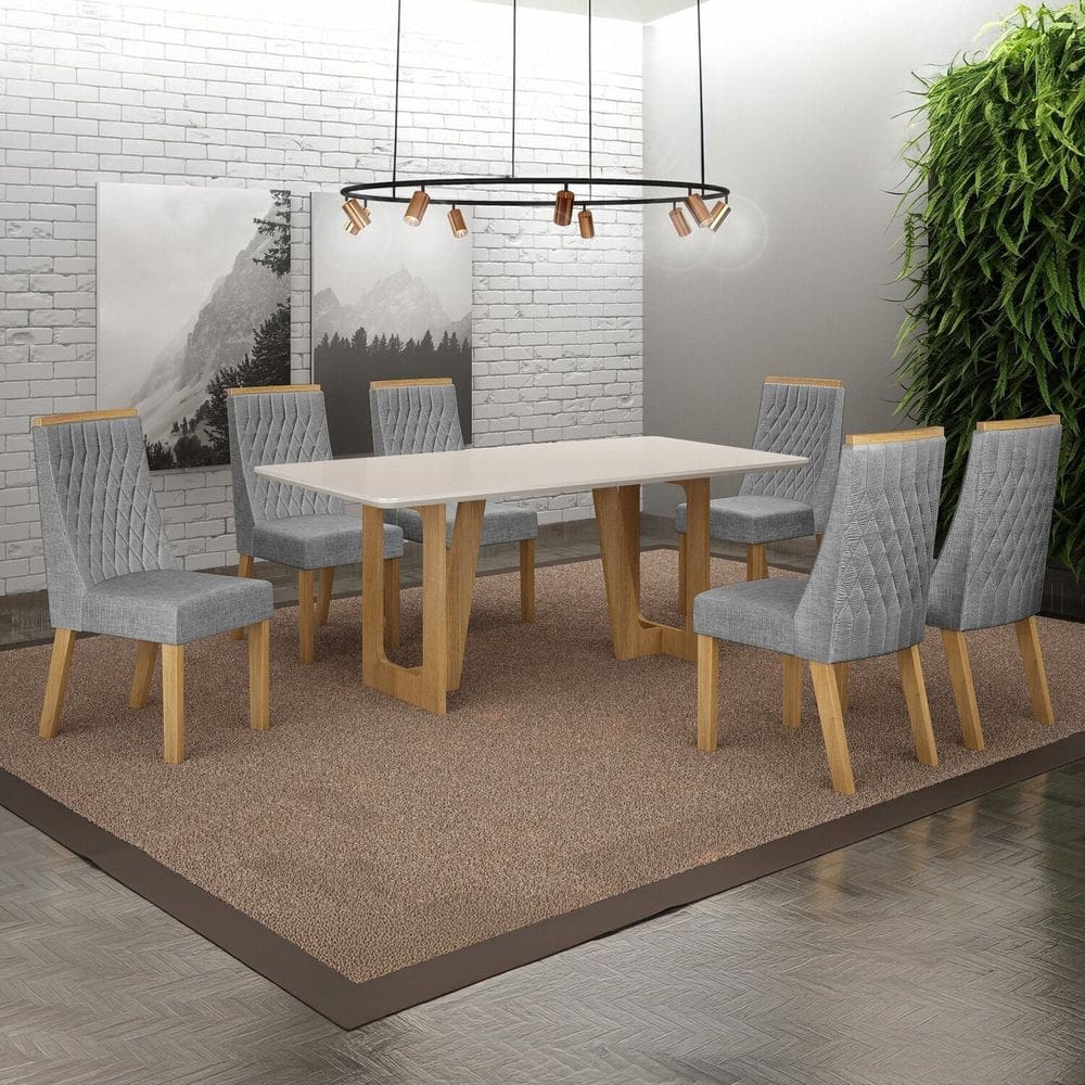 Conjunto Sala de Jantar Mesa 180cm Tampo de 2,5cm com 6 Cadeiras Luna Cinamomo/Off White/Prata Linho