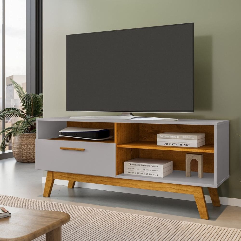 Rack para TV até 55 Polegadas Pés Madeira Retrô Paládio Off-White/Naturalle