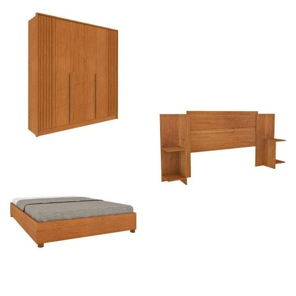 Quarto Casal Guarda-Roupa 6 portas Ripado Nova York e Cama Box Queen Mônaco com Cabeceira Ajustável Cinamomo