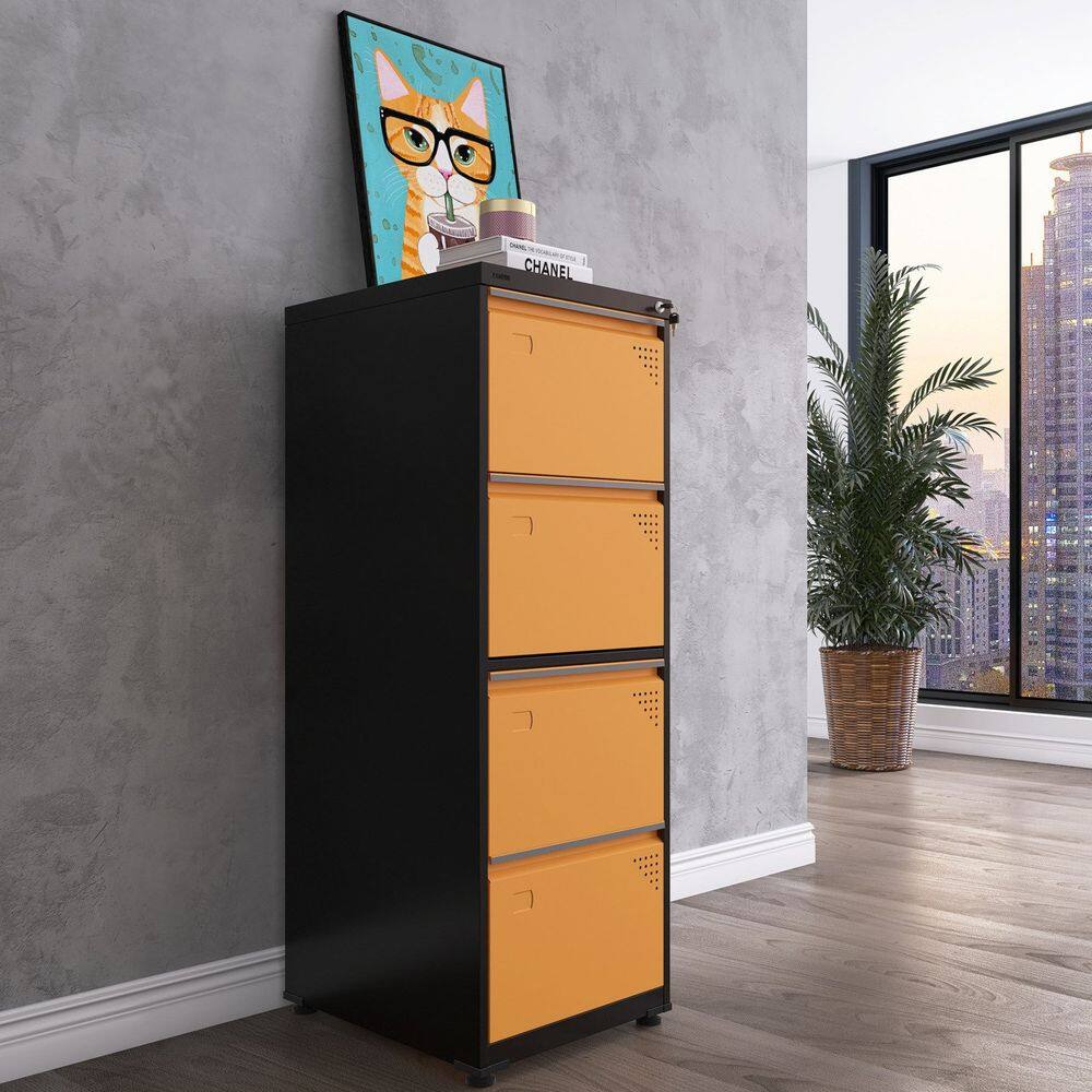 Gaveteiro Arquivo em Aço 4 Gavetas 47x136,2x57cm Preto/Laranja picasso