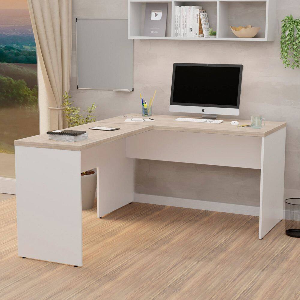 Mesa de Escritório em L 120x150cm Tampo 30mm Carvalho / Branco