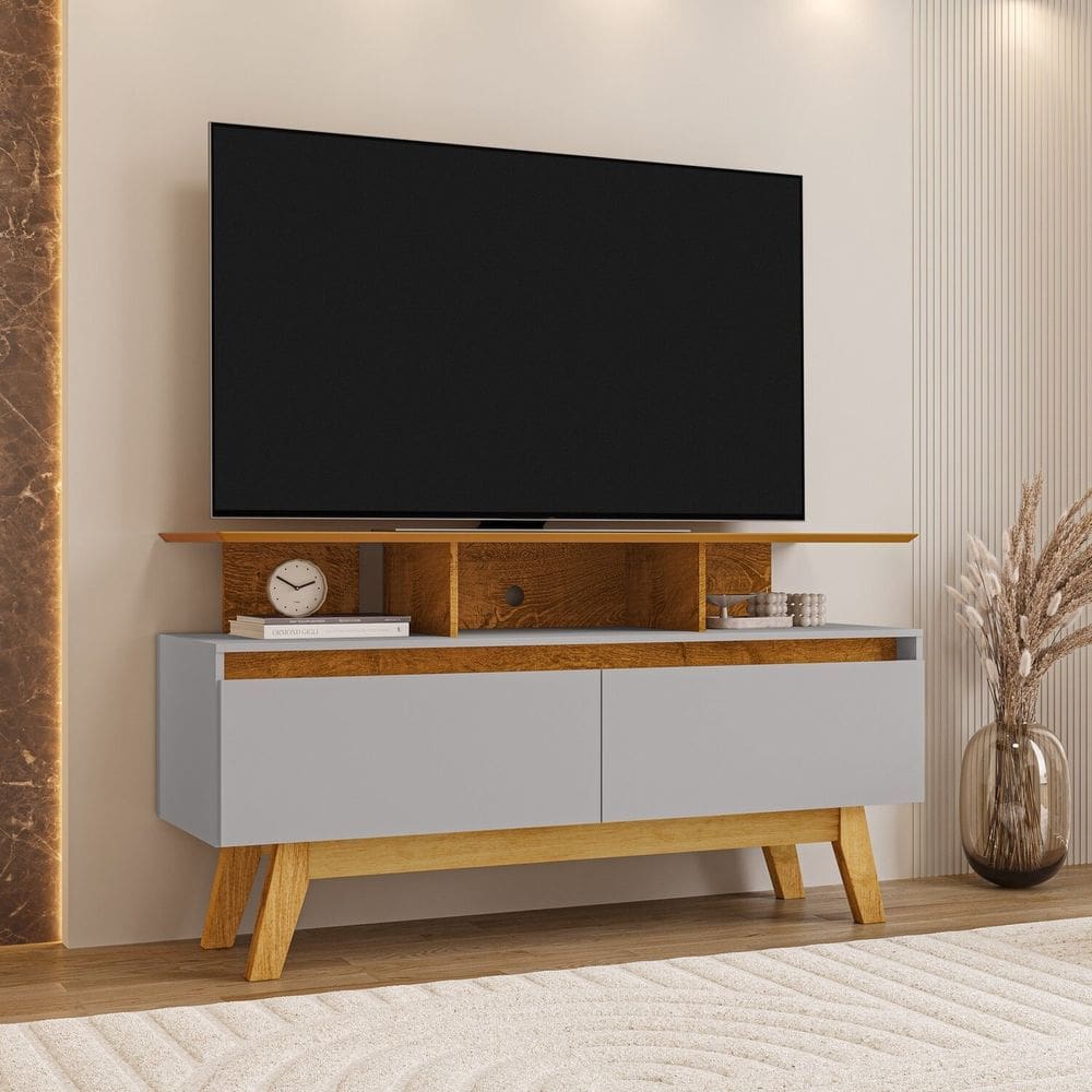 Rack para TV até 50 Polegadas 2 Portas 2 Prateleiras Pés em Madeira Maciça Rubi Naturalle/Off-White