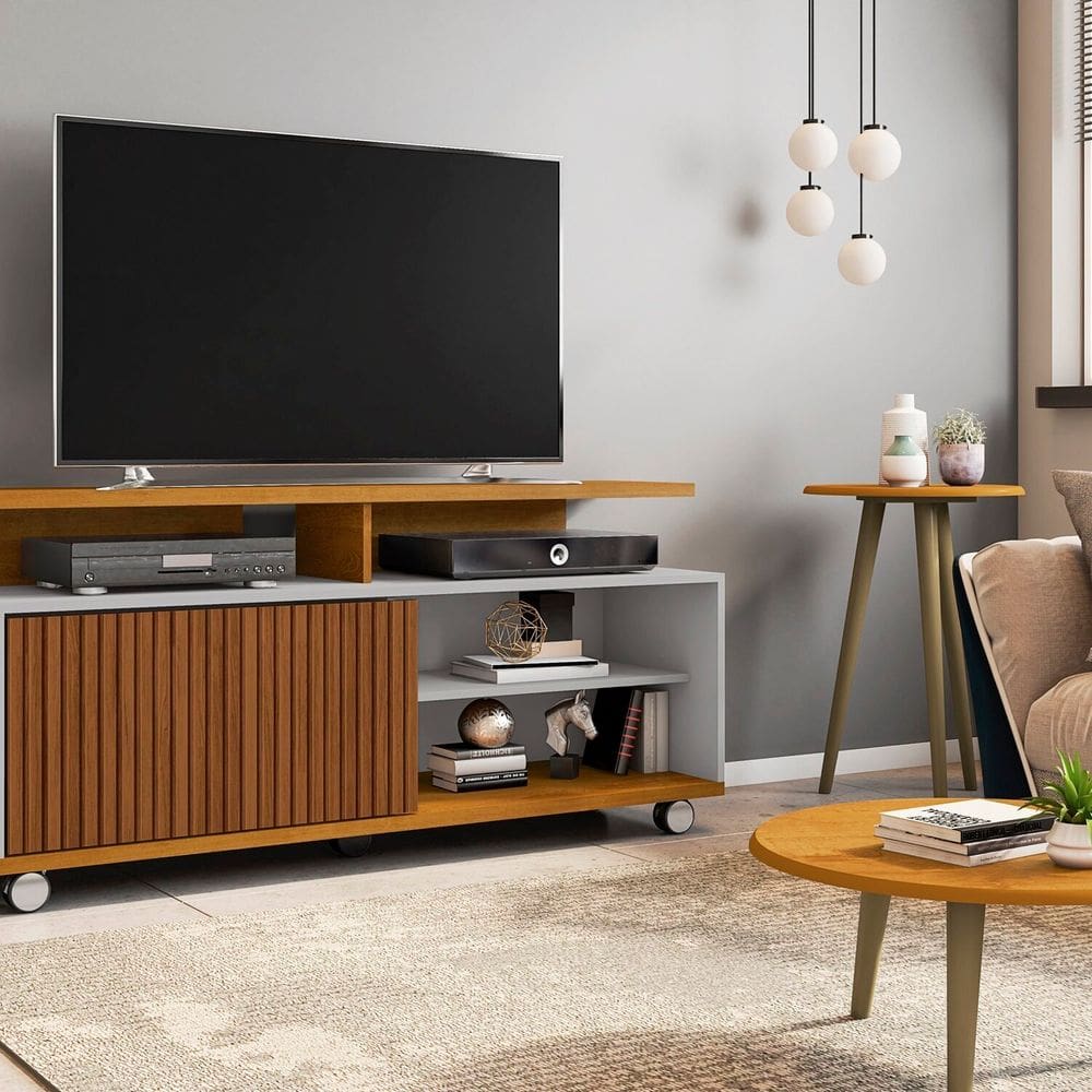 Rack Topázio para TV até 52 Polegadas com 5 Rodízios Naturalle/Off-White/Ripado