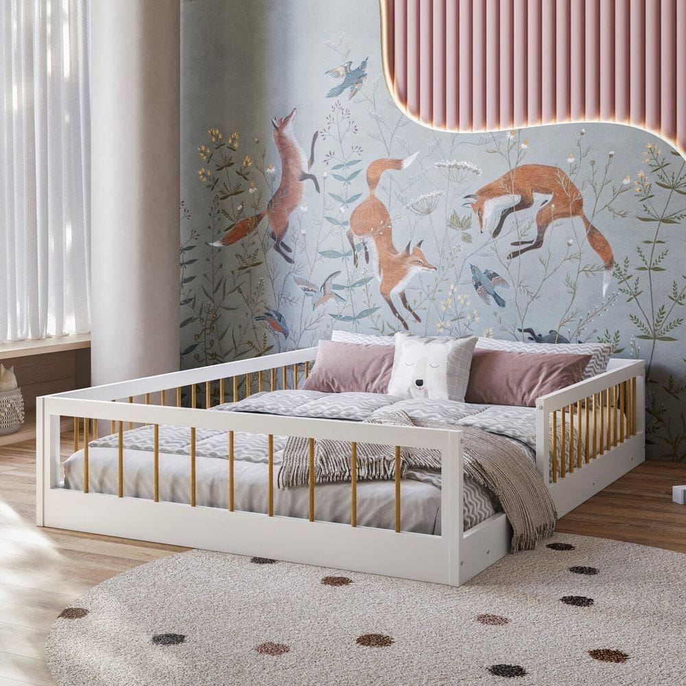 Cama Montessoriana Casal Ana 144,8x195x36cm Branco/Amadeirado
