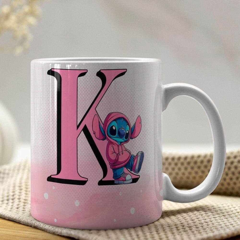 Caneca De Porcelana Stitch Letras A-z 325ml Rosa K