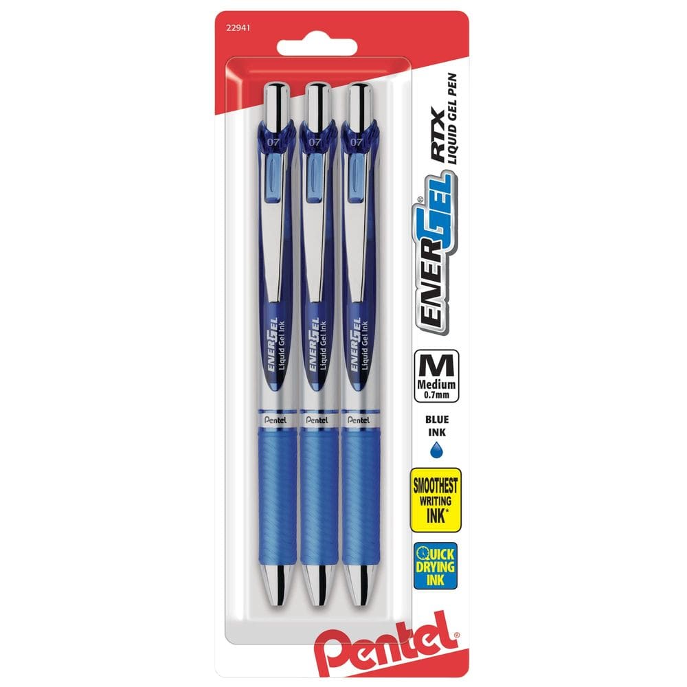 Canetas de tinta gel Pentel Energel Deluxe RTX 0,7 mm azuis, pacote com 3