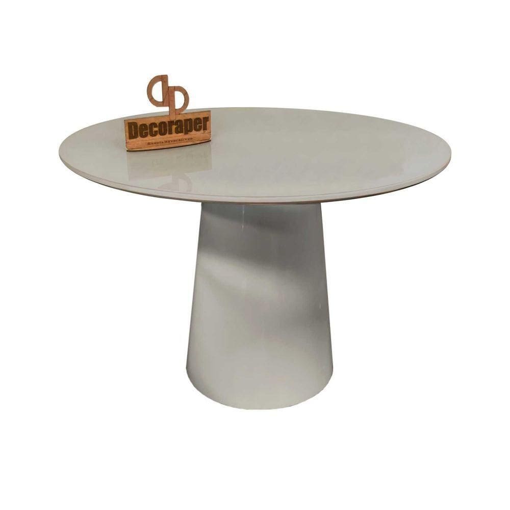 Mesa Jantar Cone Laqueado Tampo Redondo Laca Com Vidro 80cm Off White