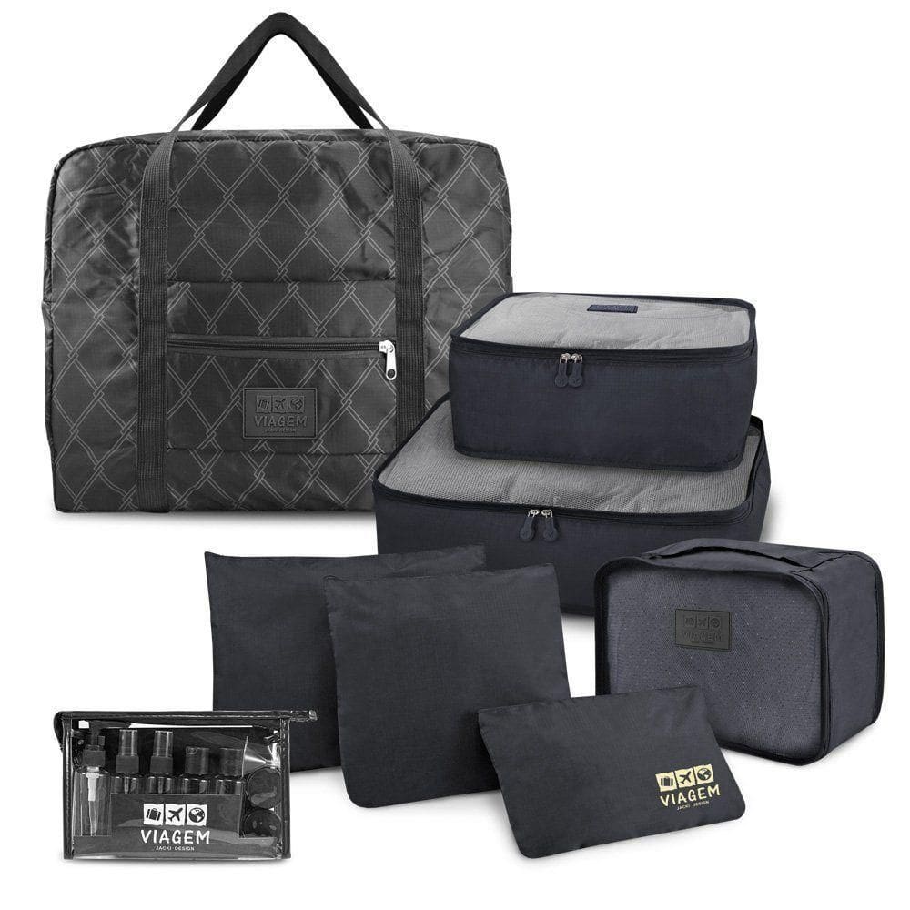 Kit Organizador De Malas 6 Peças + Bolsa Dobrável + Frascos De Viagem 10 Peças Preto