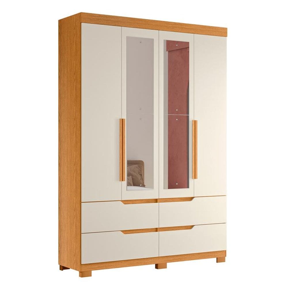 Guarda Roupa Doble com Espelho 4 Portas Cinamomo/Off White  - ABZ