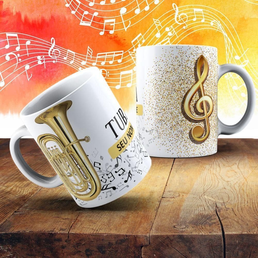 Caneca De Porcelana 325ml Com Estampa De Instrumentos Musicais Tuba