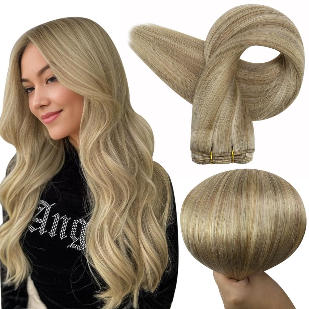 Extensões de cabelo com brilho total costuradas em loiro platinado de 40 cm