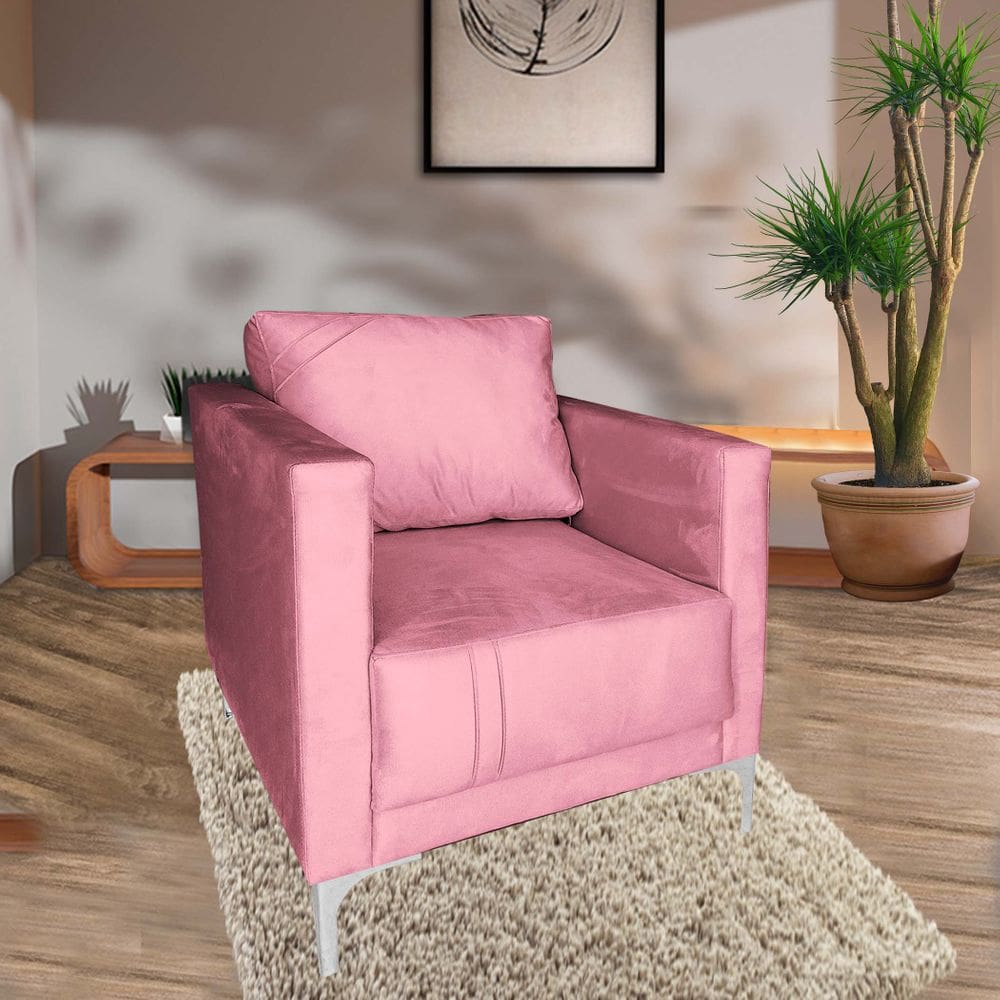 Poltrona Sara Suede Aço Industrial Rosa