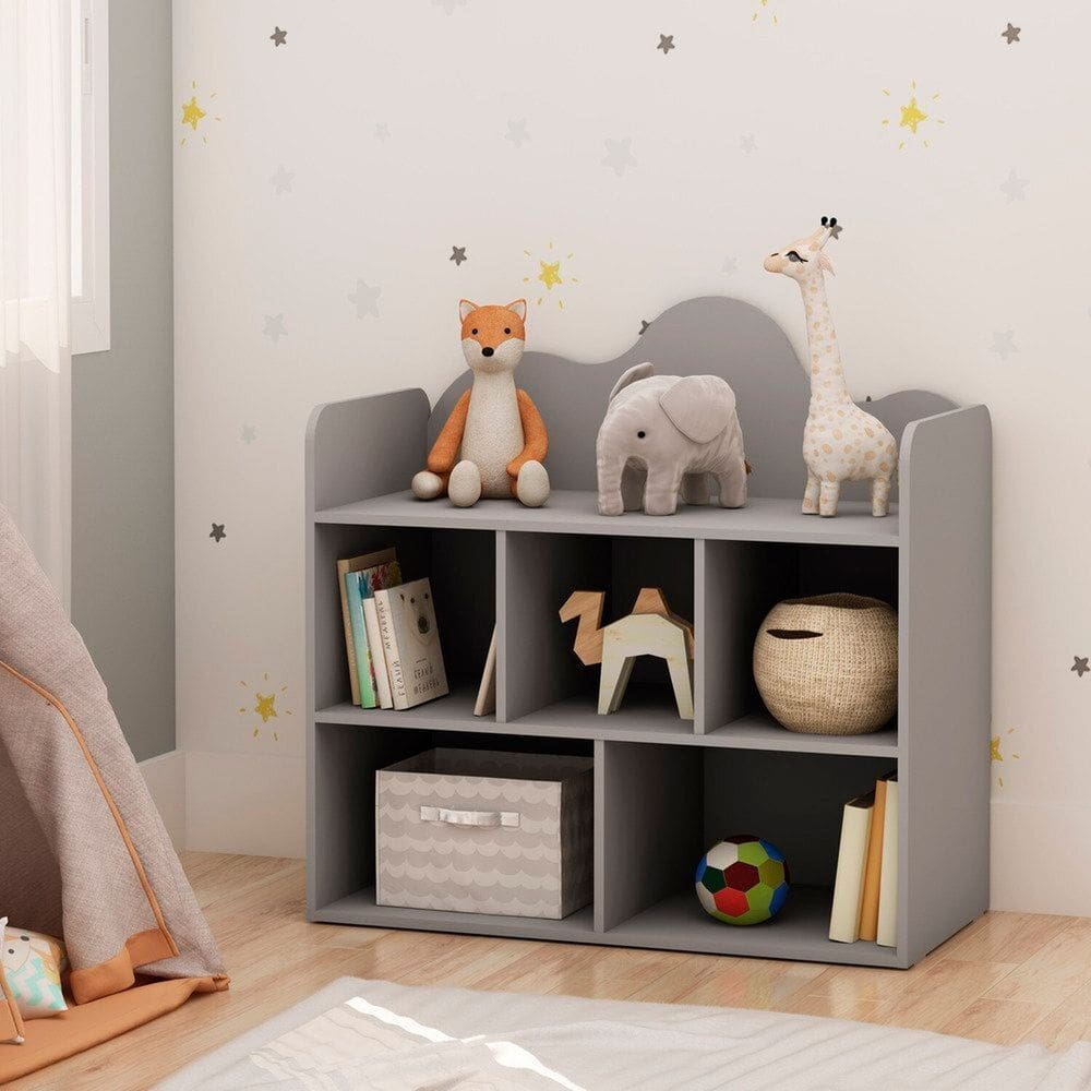 Estante Infantil Montessoriana 100% Mdf com 5 Nichos e Detalhe Orgânico em Formato de Nuvem Cinza