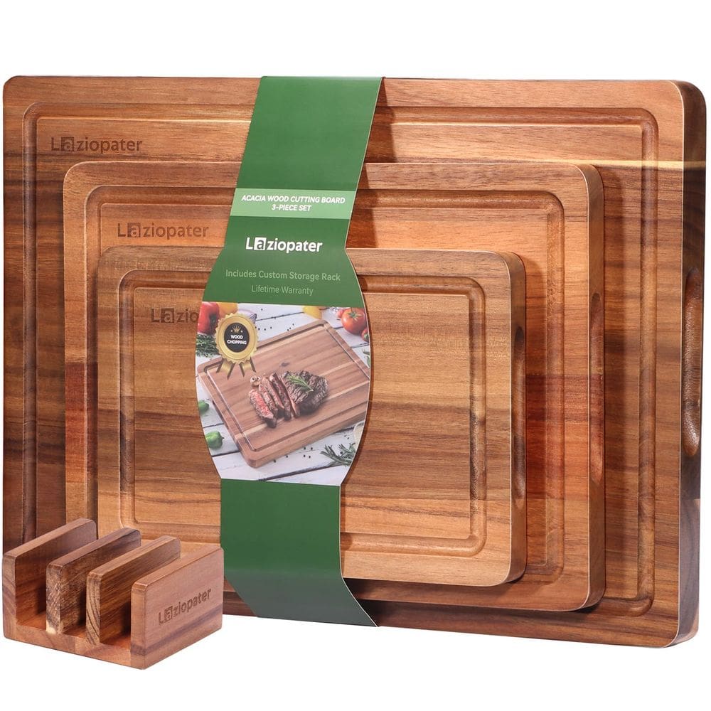 Conjunto de tábuas de corte LAZIOPATER de madeira de acácia com suporte de 3 peças