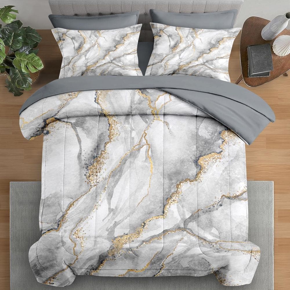 Conjunto de edredom Pamnest em tamanho real, mármore, preto, ouro, pedra, 7 unidades