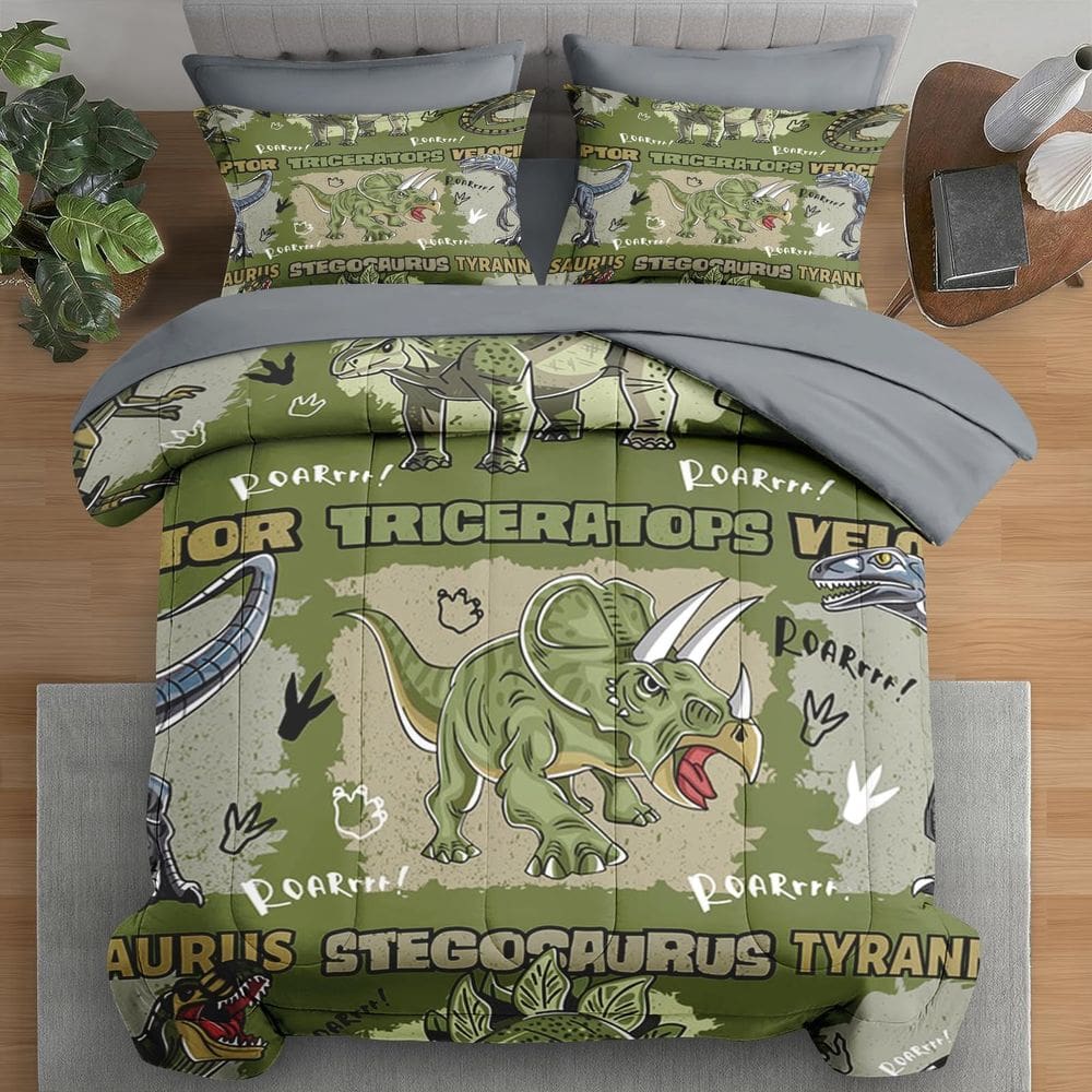 Conjunto de edredom Pamnest em tamanho real com lençol de cama, 7 peças de dinossauro