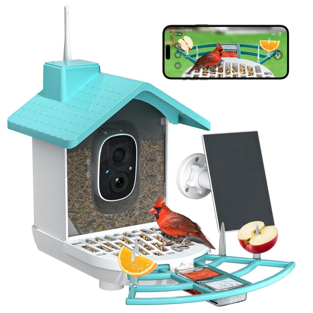 Alimentador de pássaros BYRANKE com câmera, painel solar e AI Bird ID Blue