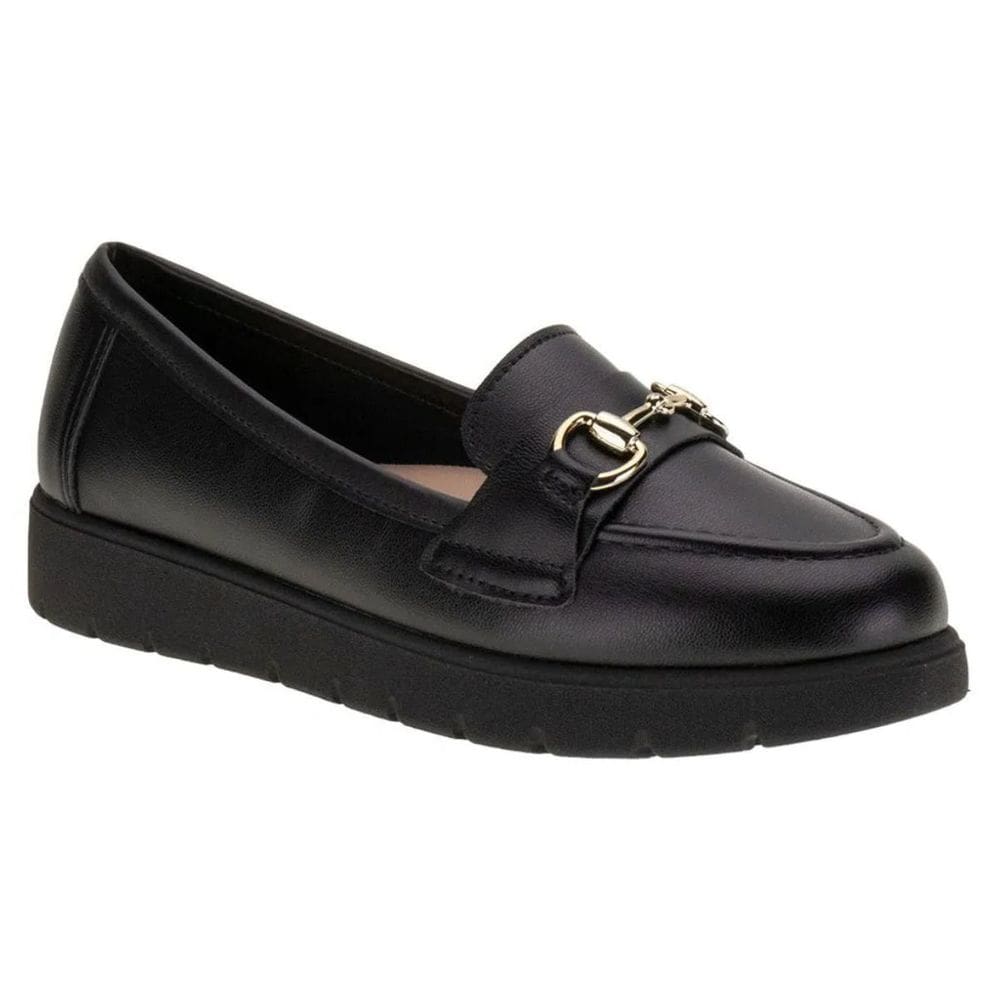 Sapato Mocassim Moleca Casual Conforto Detalhe Metalizado Anabela Preto