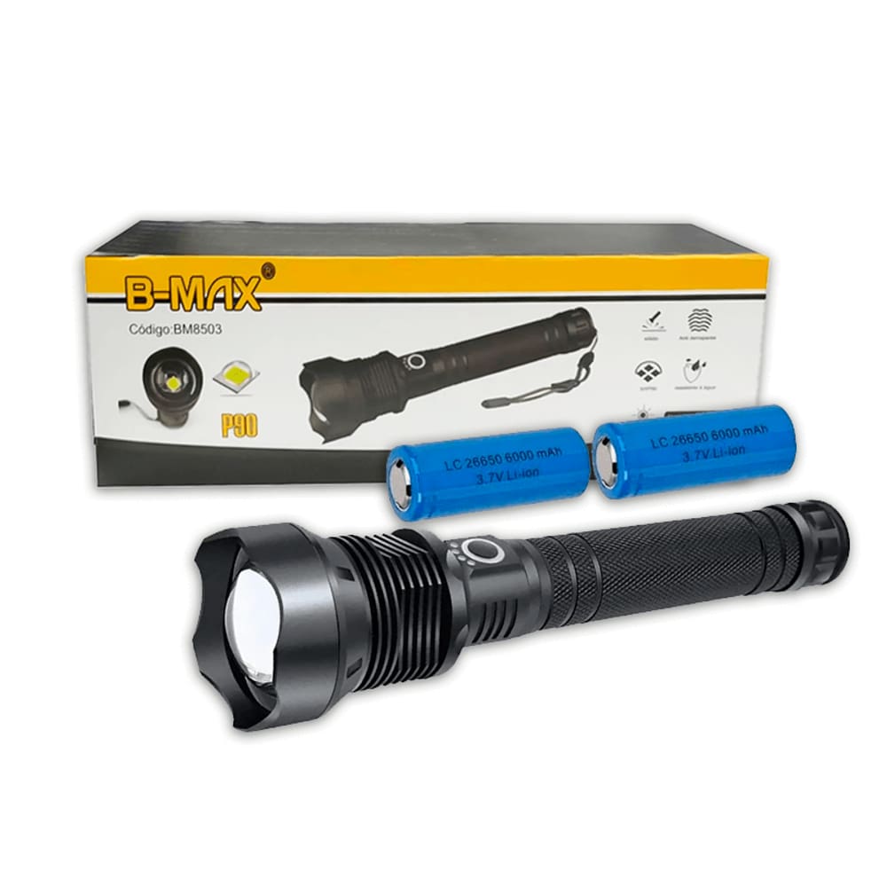 Lanterna LED Recarregável Cree XH-P90, Potente e Resistente, Zoom Telescópico, 3 Modos, Alcance 500m, 2 Baterias 26650