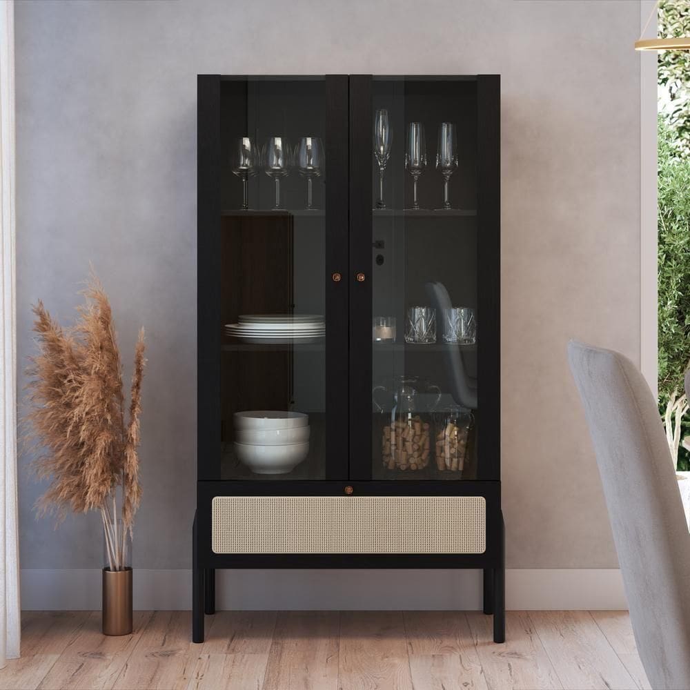 Cristaleira 2 Portas Vidro 1 Gaveta 83cm Palhinha Pé Madeira Oslo Artesano | Nero