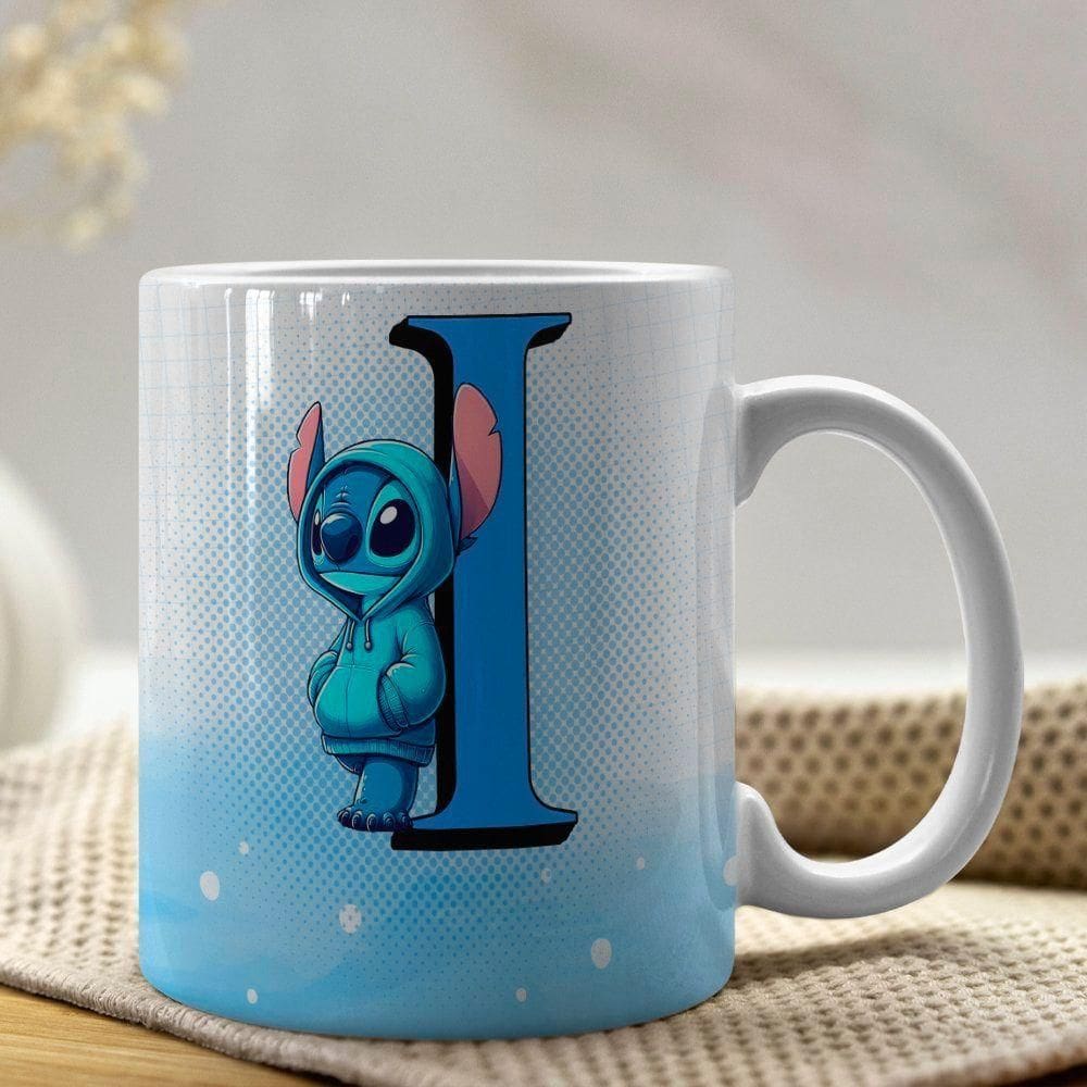 Caneca De Porcelana Stitch Letras A-z 325ml Azul I