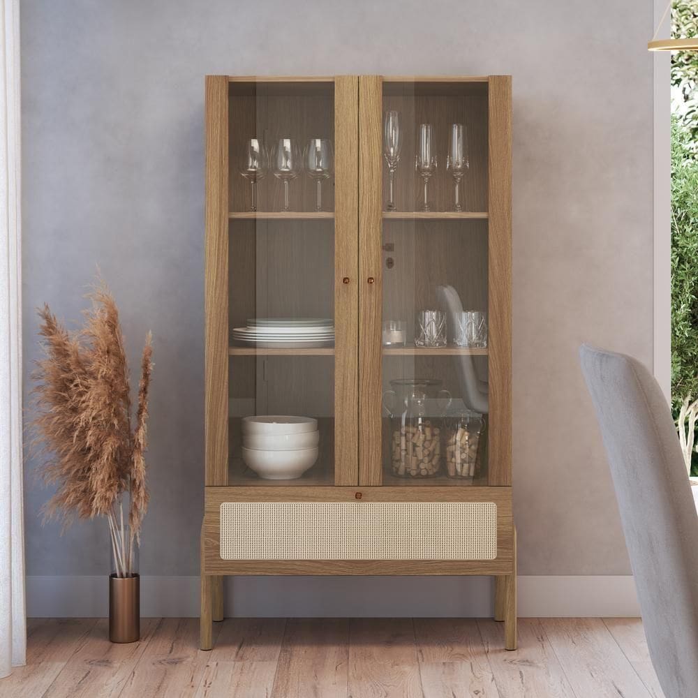 Cristaleira 2 Portas Vidro 1 Gaveta 83cm Palhinha Pé Madeira Oslo Artesano | Hanover