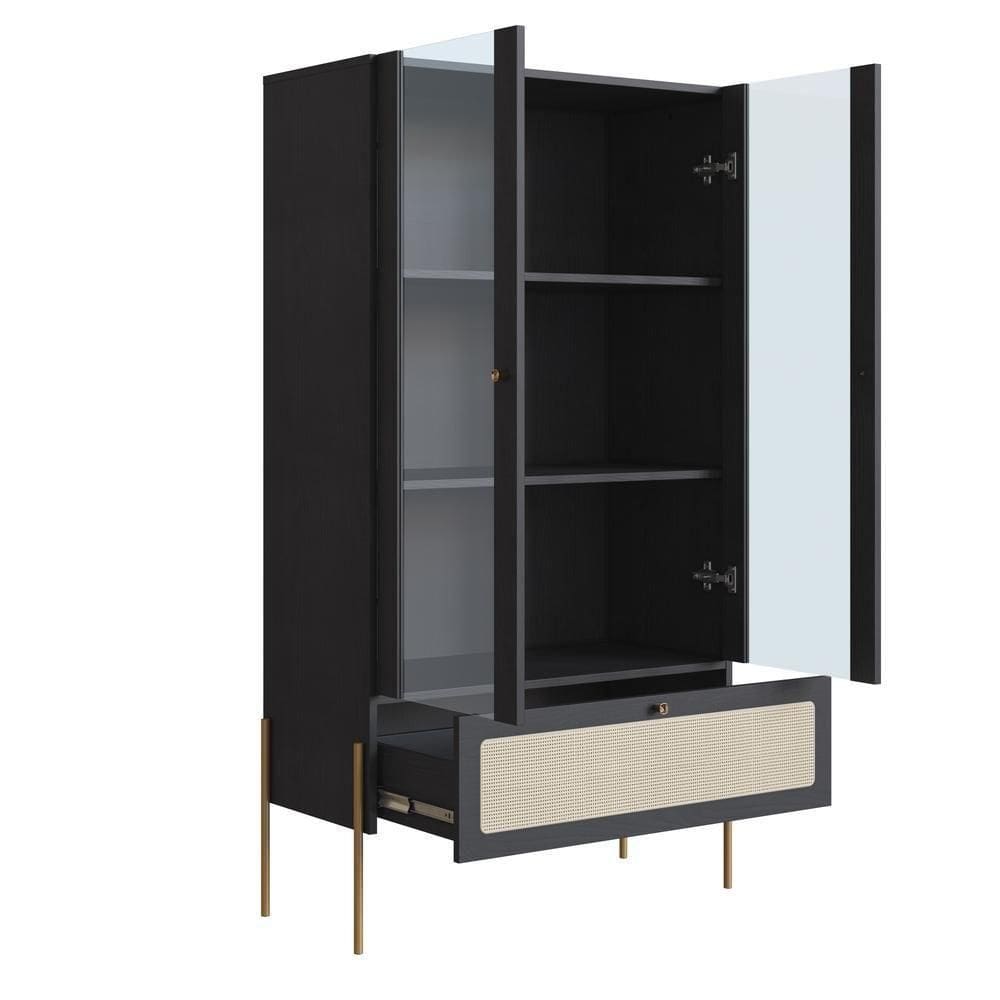 Cristaleira 2 Portas Vidro 1 Gaveta 83cm Palhinha Pé Metal Oslo Artesano | Nero-dourado