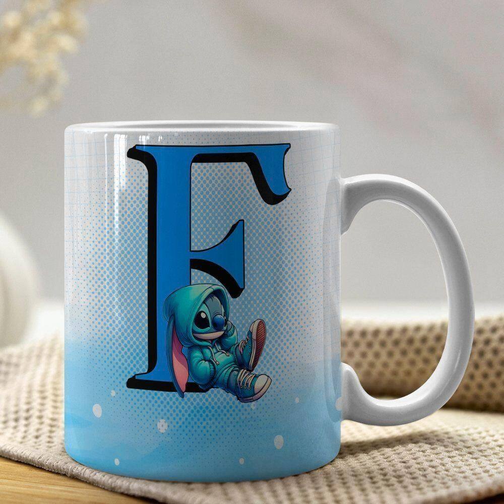 Caneca De Porcelana Stitch Letras A-z 325ml Azul F